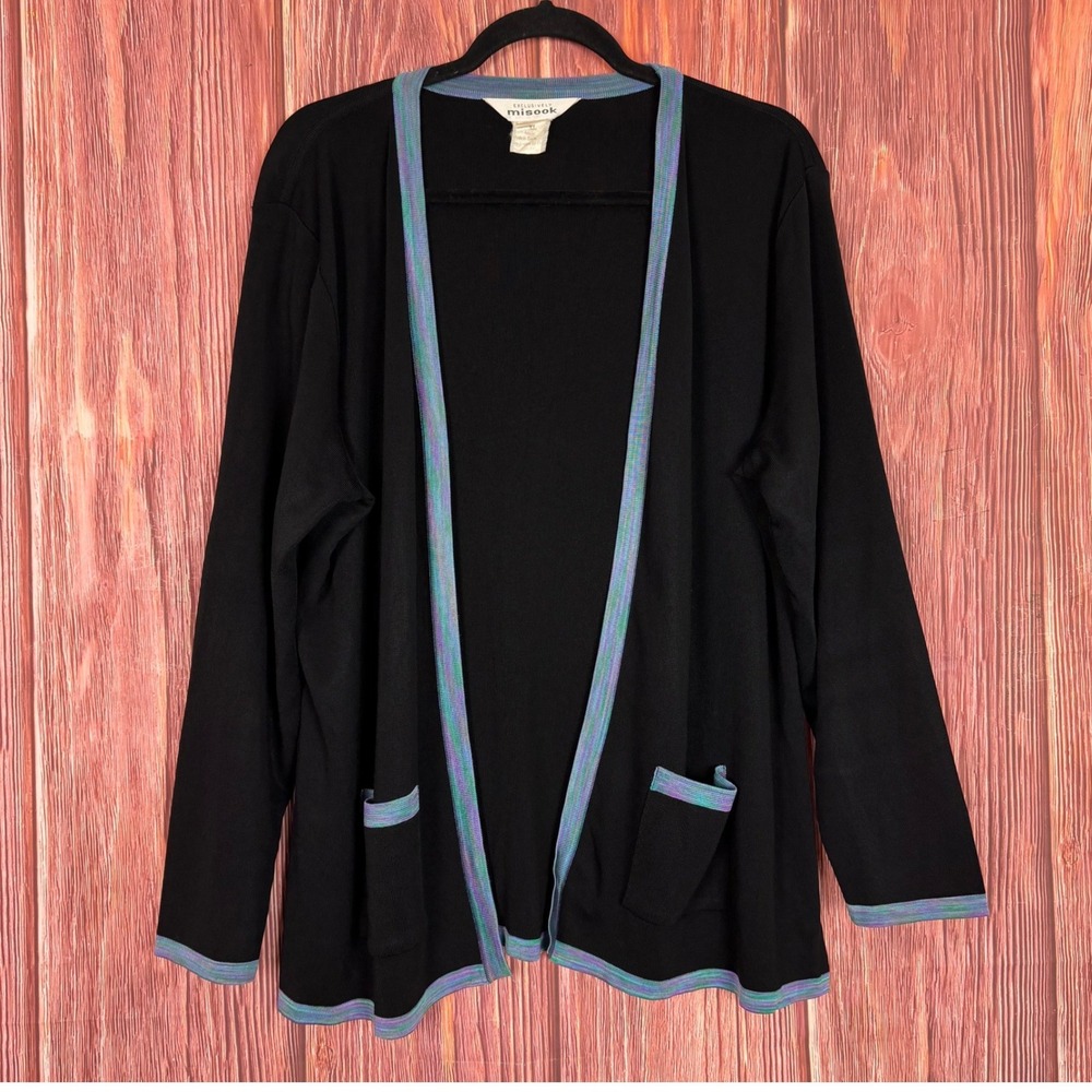 Exclusively Misook Cardigan XL Black Open Front Space Dye Trim Knit Sweater